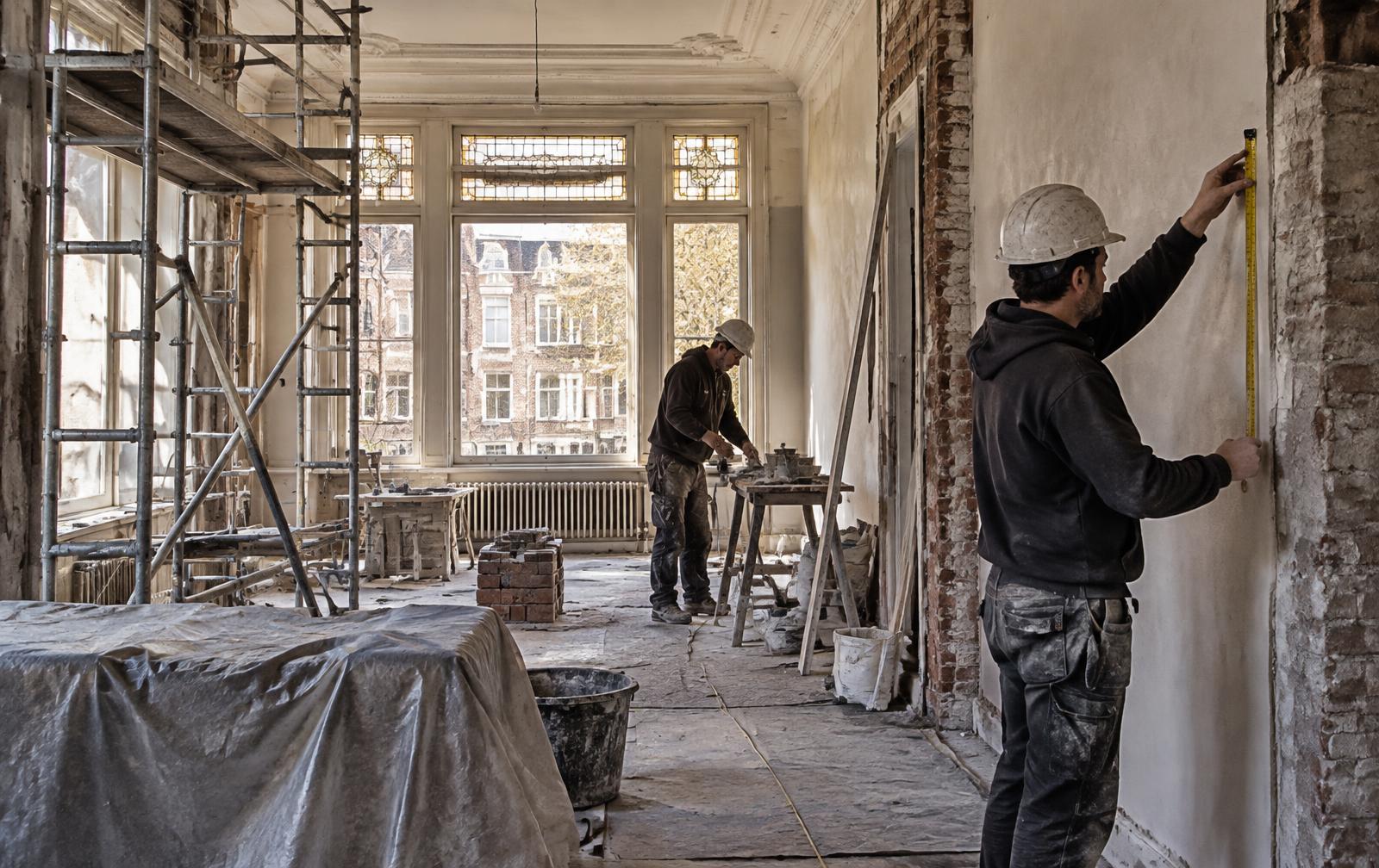 Bouwploeg aan het werk in een renovatie in Antwerpen