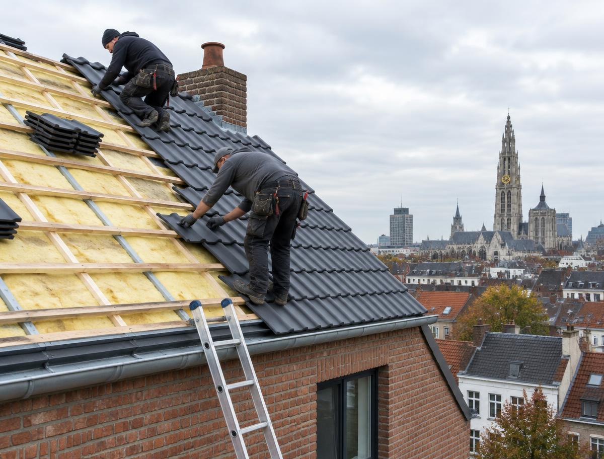 Dakwerkers plaatsen nieuwe dakpannen op een geïsoleerd hellend dak