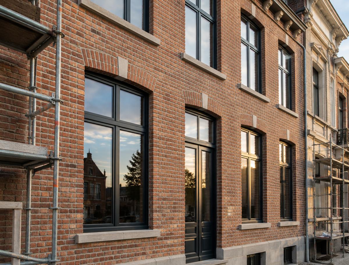 Herstelde bakstenen gevel met nieuwe zwarte aluminium ramen