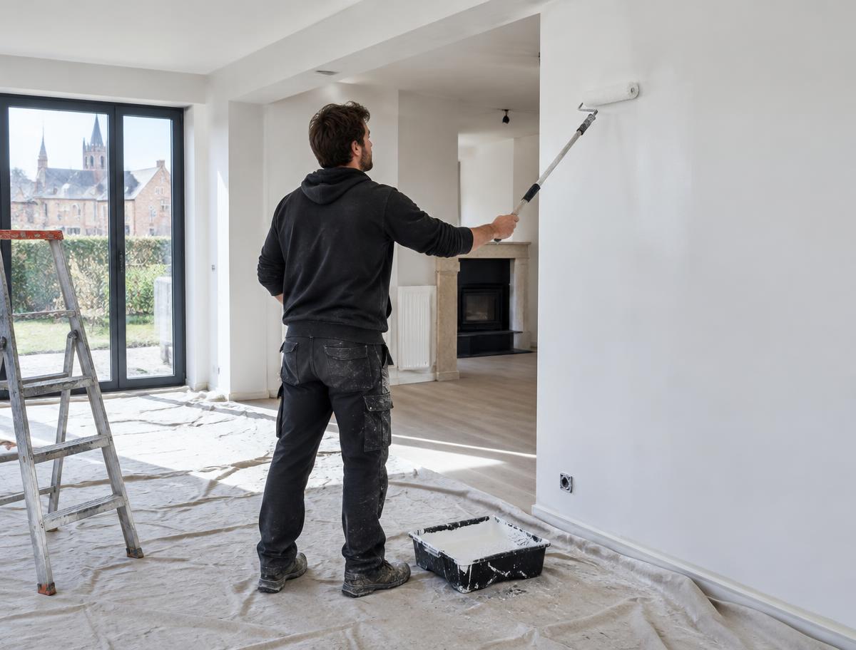 Schilder rolt verse witte verf op een binnenmuur